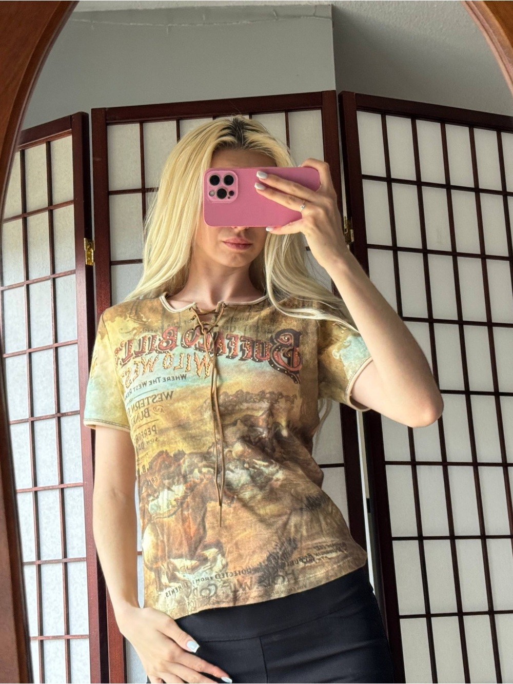 Vanilla Sugar Brown Tie-Neck Graphic Short Sleeve Tee